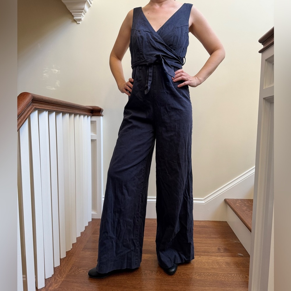 CHINO ANTHROPOLOGIE Wrap Jumpsuit Romper Wide Leg Navy Blue‎ Feminine Comfy 4